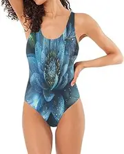 [RPLIFE] Cute Gnome Purple Womans Bathing Suits, Low Back Swimsuits for Women Basic Swimsuits for Women, Blue Water Lily Flower, Medium