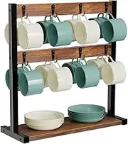 Rustic Coffee Mug Holder Stand, 2-Tier Countertop Mug Tree Holder Rack, Vintage Mug Rack for 16 Coffee Cups with Stable Wood Base for Home Kitchen