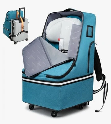 Rolling Car Seat Travel Bag, Padded Carseat Backpack With Wheels & Straps, Teal