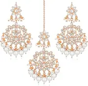 [Aheli] Rose Gold Plated Kundan & Beads Studded Maangtikka & Dangle Earrings Set Ethnic Jewellery for Women, One Size, Metal, No Gemstone