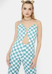[Cute Mistake] Teal Checkered Flash Jumpsuit