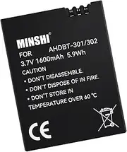 MINSHI AHDBT-301/302 Battery Compatible with GoPro AHDBT-301 3.7V 1600mAh High Efficiency Battery
