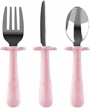 Grabease 3-Piece Stainless Steel Utensil Set for Independent Self-Feeding: Fork, Spoon & Curve-Tip Safety Knife for 18 Months & Up; BPA-, PVC- Lead- & Phthalates-Free and Dishwasher Safe (Blush Pink)