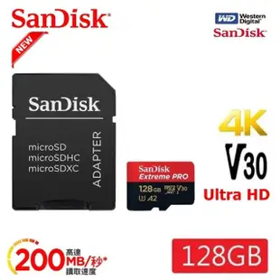 【SanDisk 晟碟】[極速升級 全新版] 128GB ExtremePRO A2 記憶卡 附SD轉卡(高速讀取200MB/s 原廠永久保固)