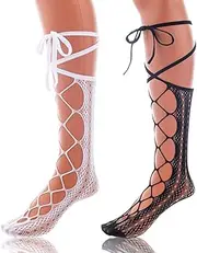 [Miaband] Women's Knee High Fishnet Socks Mesh Lace Lolita Stockings Calf Socks Cosplay Accessories for Women 2 Pairs, Black White, One Size