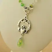 Silver Irish Claddagh w/ Celtic Trinity Knot necklace, green crystal beads