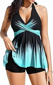 [AI'MAGE] Women's Tankini Swimsuit Two Piece 2025 Halter V Neck Bathing Suit with Shorts Tummy Control Modest Swimwear