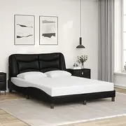 Bed Frame Double Size 137x187cm Black Faux Leather, Wooden Bedframe with Headboard, Platform, Slats, Base, Wood Frames, Full Bed, Mattress Support