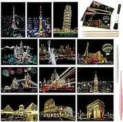 M MUGIT Magic Scratch Art Paper, Mini Envelope Postcard, Rainbow Night View Scratchboard for Adults and Kids, Art & Crafts Set: 12 Sheets Scratch Cards & Drawing Pen, Clean Brush (Landmark building)