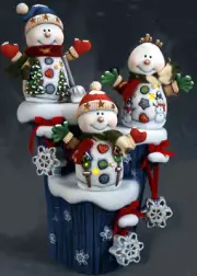 Ceramic Bisque Ready to Paint (3) Snowmen on Winter Stump