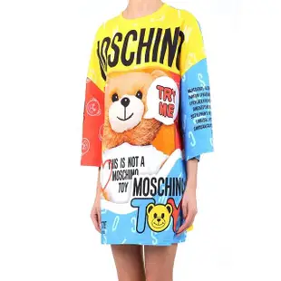 【MOSCHINO】熊熊圖案七分袖長版洋裝(黃色拼藍紅)