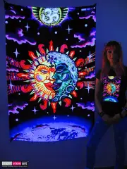 SUN MOON AUM Psychedelic Art UV Black Light Tapestry Wall Hanging Backdrop Deco