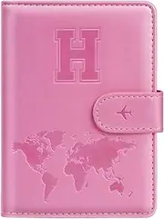 [Simikol] Passport Holder Cover Initail Letter A-Z Travel Wallet 10D Embossed Design RFID Blocking Card Holder Personalized Gift Passport Cover Wallet, Passport Book Holders for Women and Girls, Pink-H, Pink-H