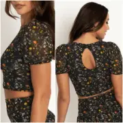 NWT Blackmilk Wild Fields Puff Sleeve Top Black Floral Crop Plus Stretchy Retro