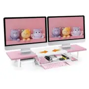 Dual-Computer-Monitor-Stand-Riser For Desk, Expandable Desk Shelf With Drawer