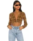 H:OURS (Revolve) Rust Plaid Cropped Zip-Up Top • NWT • Deep V Button Cuff