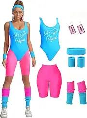 [MIAIULIA] Women's Retro 80s Workout Costume Set: Neon Leotard, Leggings, Headband, Wristbands, Leg Warmers & Cassette Earrings - One Size, Multicolour, Animal Print