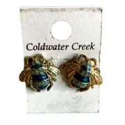 0067 Coldwater Creek Goldtone & Teal Enamel Bumble Bee Stud Earrings w/Card