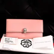 NEW $830 ALEXANDER MCQUEEN Pink Leather Silver SKULL Continental LONG WALLET NWT