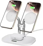 SwanScout Magnetic Dual Phone Charger for iPhone, 3 in 1 Wireless Charging Station for iPhone 15/14/13/12 Series, for Air pods Pro 2/3, Magnetic Wireless Phone Charger (White)