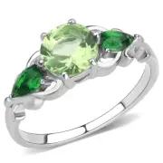 Green Simulated Peridot CZ Round Pair Cut Stainless Steel 3 Stone Cocktail Ring