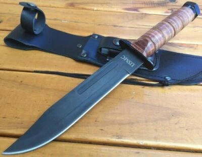 USMC - LEATHER HANDLE COMBAT FIXED BLADE KNIFE + BELT SHEATH - ARMY MILITARY