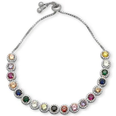 ROUND Multicolor Gemstones CZ .925 Sterling Silver Bracelet 7-9" Adustable