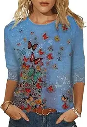 [Neoucdy] Tops for Women Sexy Casual, 3/4 Sleeve Shirts for Women Plus Size Floral Print Tunic Tops Flowy Tshirt Ruched Blouses