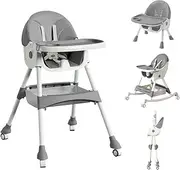 High Chairs for Babies and Toddlers, 4 in 1 Convertible Baby High Chair, Portable High Chair for Travel with Adjustable Height and Back, Foldable High Chair with Wheels& Pu Cushion (Grey)