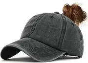[YULOONG] Womens Baseball Cap Half Mesh Messy Bun Ponytail Vintage Denim Ponycaps