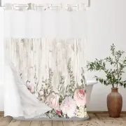 No Hooks Snap in Liner Pink Roses with Rustic Wood Shower Curtain Sets, Hotel...
