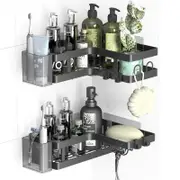 Gabeeriso Soap Holder Shower Caddy 2-in-1,Corner Shower Caddy,2 Pack Bathroom Shelves,Adhesive Shower Shelf No Drilling,Black Rust-Resistant Shower Storage with 12 Hooks，Bathroom Shower Organizer