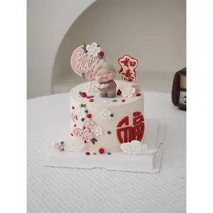母親節祝壽蛋糕裝飾搪膠抱貓老奶奶擺件翻糖花朵福字甜品擺件裝扮