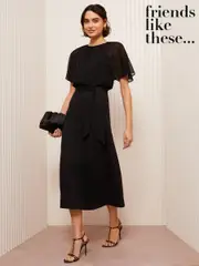Friends Like These Black Scuba Chiffon Flutter Sleeve Midi Dress (AV4980) | $82