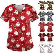 Womens Short Sleeve T-Shirt Christmas Printed Uniform Nursing Scrub Pocket Tops