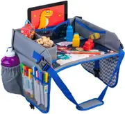 Kids Travel Tray Car Seat Lap Desk Accessory for Rides and Flights - Collapsible Organizer (Blue)