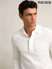 Reiss White Clinton Cotton Concealed Placket Polo Shirt (H22294) | $225