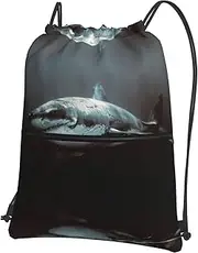 EdWal Great White Shark Print Drawstring Backpack Gym Bags Sports Bags With Zipper Pocket For Travel Beach, Black, One Size