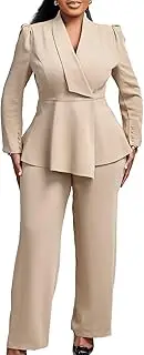 [GHAKKE] 2025 Women's Fashion Business 2 Piece Suits Outfits Sexy V Neck Long Sleeve Ruffle Blazer and Wide Leg Long Pants Sets