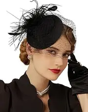[CUAJHNPX] Vintage Style Fascinator Hat with Mesh Veil and Feathers, Black, Formal Headband