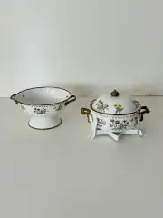 Vintage Ceramic Wildflower Enameled Brass Serving Dish Colander 4 Pc. Set NEW