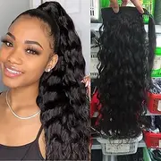 Human Hair Ponytail Extension Water Wave Magic Paste Wavy Natural Curly Ponytail 100% Real Remy Hair Natural Black Pony Tails Hair Extensions For Black Women (14")