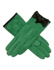 [Dents] Velour-Lined Faux Suede Gloves with Trim and Bow in Green