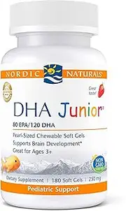Nordic Naturals Pro DHA Junior - Wild Arctic Cod Liver Oil, 80 mg EPA, 120 mg DHA, Support for Healthy Neurological, Nervous System, Eye, and Immune System Development*, 180 Chewable Soft Gels