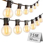 15M LED Outdoor String Lights with 50 G40 Shatterproof Bulbs + 2 Spares, Waterproof & Linkable (Up to 500 Bulbs) for Patio, Backyard, Party, Christmas, Garden, Cafe