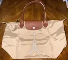 LONGCHAMP LE PLIAGE TAN Limited Ed EIFFEL TOWER EMBROIDERED MEDIUM Long Handle