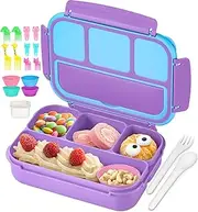 [QQKO] Bento Lunch Box with 4 Compartments, Sauce Container, Utensils, Food Picks and Muffin Cups for School - Purple