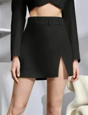 Brandnew! SHEIN Buckle Belted Split Hem Lined Fancy Playful Suit Skirt, Black