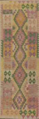 Geometric Reversible Kilim Runner Rug 3'x10' Wool Flat Woven Handmade Carpet