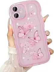 UEEBAI Wave Butterfly Case for iPhone 11 Case, Pretty Bling Star Butterfly for Women Cute Shiny Glitter Phone Cover for Girls Bling Clear Cover Curly Shockproof Girly Shell - Pink